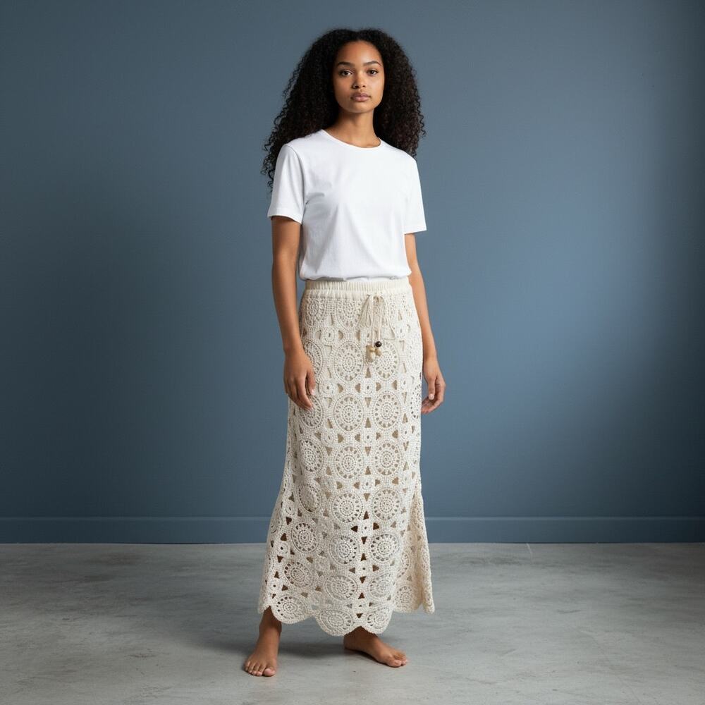 Zara Crochet Openwork Maxi Skirt Ivory Boho Beach Resort Cover Up Size S